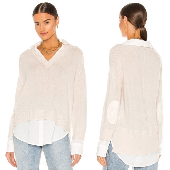 Brochu Walker Looker Sweater L Tan Layered V Neck Elbow Patch Neutral Cream - Picture 1 of 12